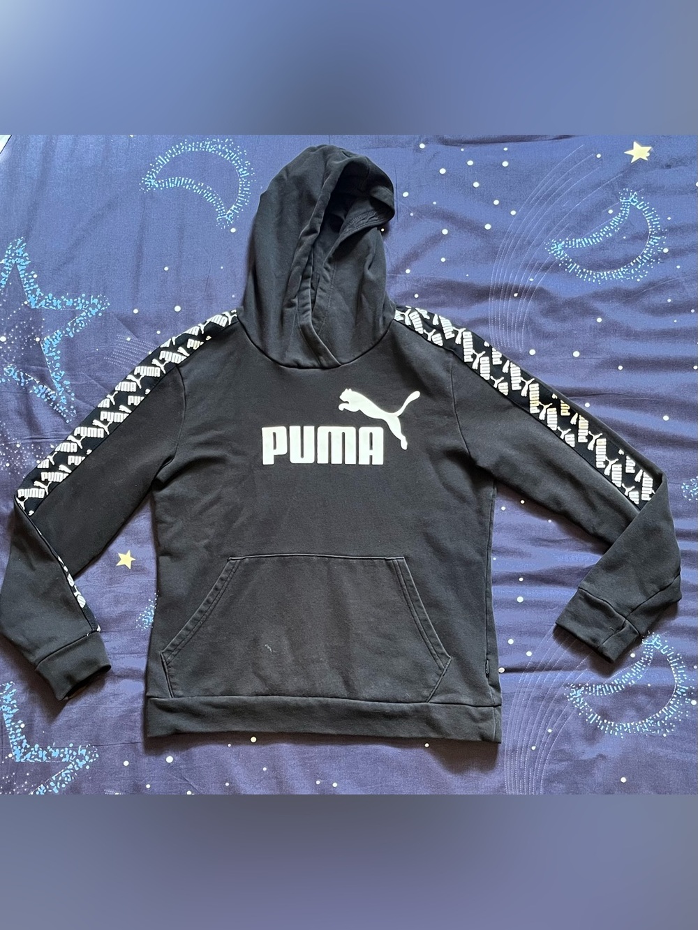 Sz M Puma Black Hoodie with White Logo and Tape Sleeve Detail